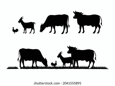 Silhouette of grass, cattle, chicken, goat, cow. Livestock logo design template illustration