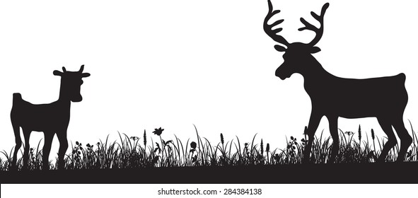 silhouette of grass and deers, plants landscape with fawns, flowers and herbs, hand drawn vector illustration