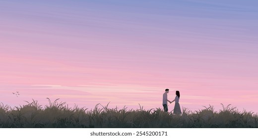 Silhouette grass field landscape with couple of lover hand holding together graphic illustration have blank space at twilight sky background. Valentine's day greeting card template.
