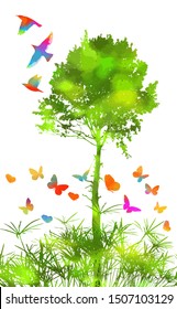 silhouette of grass on white background. Picturesque landscape with a tree and butterflies. Multi-colored butterflies. Vector illustration