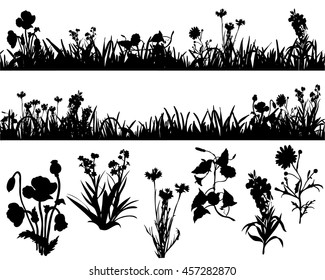 Silhouette Of Grass And Plants, In Isolation,vector, Isolated, Field Flowers