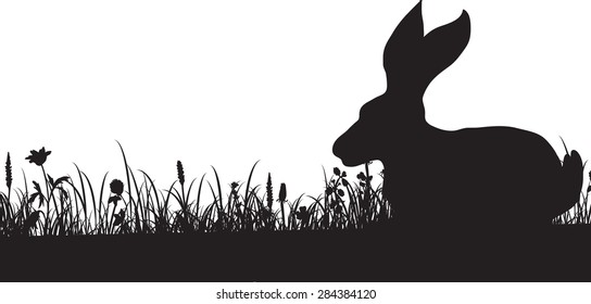 silhouette of grass and rabbit, plants landscape with hare, flowers and herbs, hand drawn vector illustration