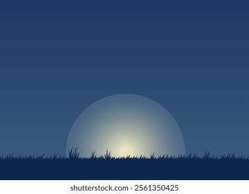 Silhouette of Grass with Radiant Moon Rising on the Horizon - Vector Graphic