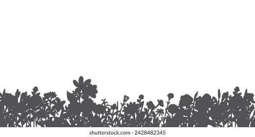 Silhouette of grass with reeds and flowers in spring. Wetland vector illustration with transparent background