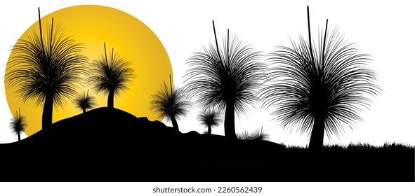 Silueta de árbol de hierba o árbol de chico negro al atardecer con fondo blanco. Ilustración vectorial.