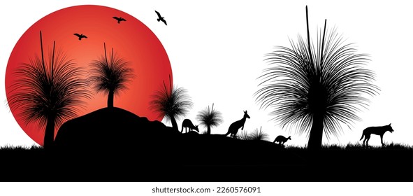 Silhouette of Grass tree or black boy tree at sunset with orange moon. Vector illustration.