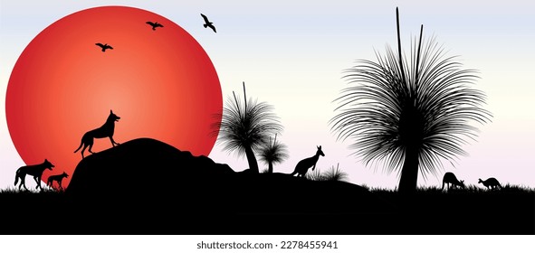 Silhouette of Grass tree or black boy tree at sunset with orange moon and Australian animals. Vector illustration.