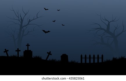 Silhouette of graveyard and bat halloween scary