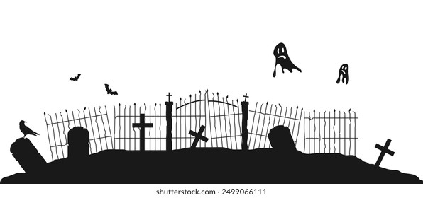 Silhouette of Graveyard Fence with Flying Ghosts. Seasonal national holiday concept vector