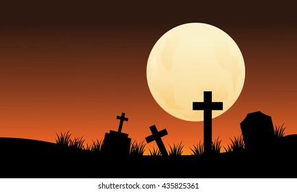 Silhouette of graveyard and full moon halloween scaryy