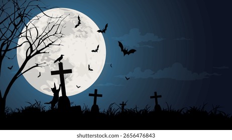Paisaje de cementerio de silueta con árbol muerto, gato, cuervo, murciélagos y luna llena en la ilustración gráfica de fondo de cielo nocturno tienen espacio en blanco.