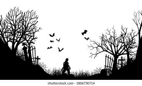 silhouette of graveyard with monsters isolated on white background. Vector. EPS 10