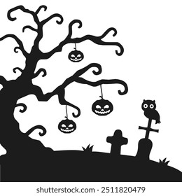 silhouette of graveyard, old tree, owl and halloween pumpkin on white background