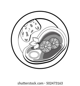 silhouette gray scale plate steak meat and lemon slices