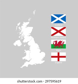 Silhouette of Great Britain and flags of England, Scotland, Wales and Northern Ireland. Vector