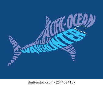 Silhouette of a great white shark, formed by lettering. Stylized art for prints on t-shirts, decoration, etc.