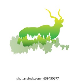 silhouette of a Greater Kudu Inside the pine forest, bright colors /animal / park / vector illustration on white background. logo, symbol