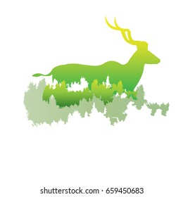 silhouette of a Greater Kudu Inside the pine forest, bright colors /animal / park / vector illustration on white background. logo, symbol