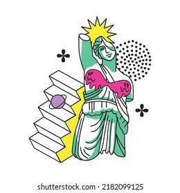 Silhouette of Greek trippi sculpture with surreal and antique abstract elements. Contour vector illustration with color spots. Psychedelic emoticons in the style of the 1990s.