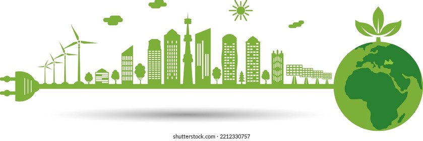 Silhouette de ciudad verde. El cable eléctrico con enchufe se conecta al planeta tierra. Conservación del medio ambiente. Piensa en verde. Ilustración vectorial.