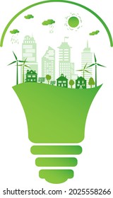 Silhouette green city with renewable energy sources. Ecological city and environment conservation. Green city inside the electric bulb. Vector illustration.