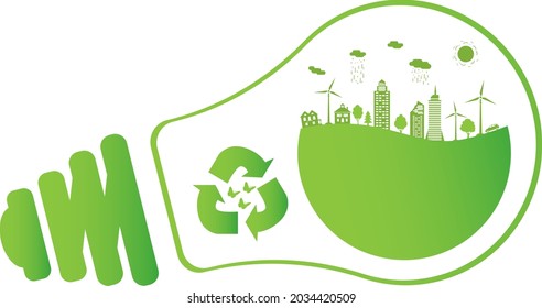 Silhouette green city with renewable energy sources. Ecological city and environment conservation. Green city inside the electric bulb. Vector illustration.