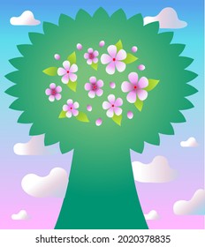 Silhouette of green flowering tree with a lush crown against a background of clear  sky and light clouds.  The concept of unity with nature, peaceful sky, clean air. The theme of ecology, relaxation,