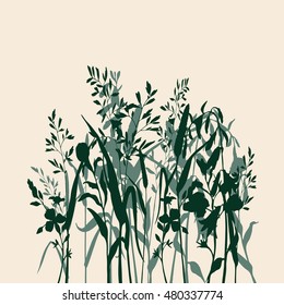 Silhouette green grass and herbs. Ink sketch on beige background. Hand drawn vector illustration.