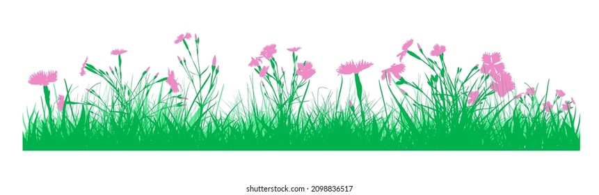 Silhouette of green grass and pink flowers. Beautiful meadow with flying butterflies. Vector illustration