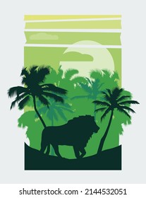 Silhouette of green lion and wild jungle, trees. EPS