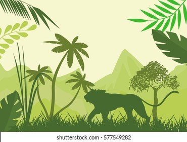 Silhouette of green lion and wild jungle, trees.
