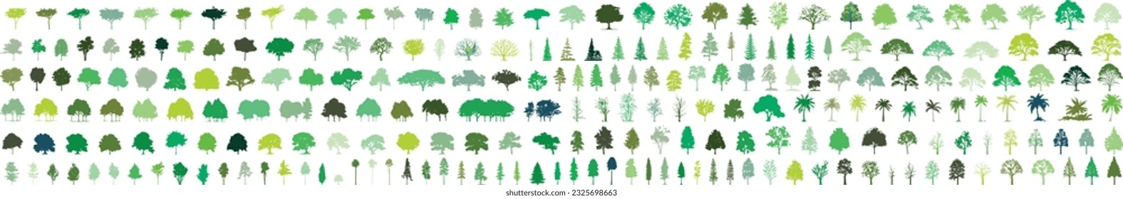 conjunto de planos de línea de árbol verde de silueta, vista lateral, conjunto de elementos de árboles gráficos símbolo de contorno para diseño de arquitectura y paisaje. Ilustración vectorial en el trazo rellena de blanco. Tropical