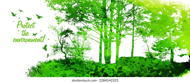 Silhouette green trees in the forest. Vector illustration