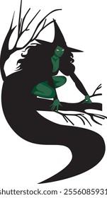 Silhouette of a green witch vector illustrations