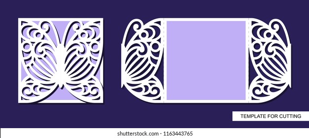 Silhouette of greeting card with butterfly. Template for laser cutting, die or paper cut. Can used for wedding invitation, valentines day or birthday. Save the date. Lace ornament. Vector.
