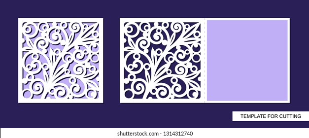 Silhouette of greeting card with floral ornament. Template for laser cutting, die or paper cut. Can used for wedding invitation, birthday, valentines day, Easter or Womens day. Vector illustration.