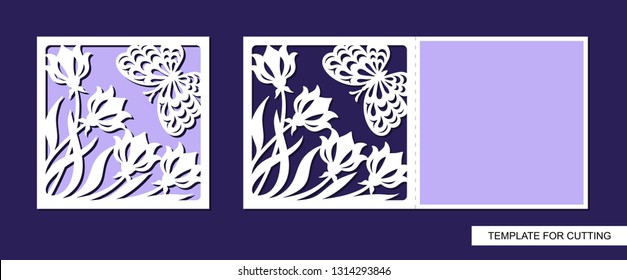 Silhouette of greeting card with flowers and butterfly. Template for laser cutting, die or paper cut. For wedding invitation, birthday, valentines day, Easter or Womens day. Floral ornament. Vector.