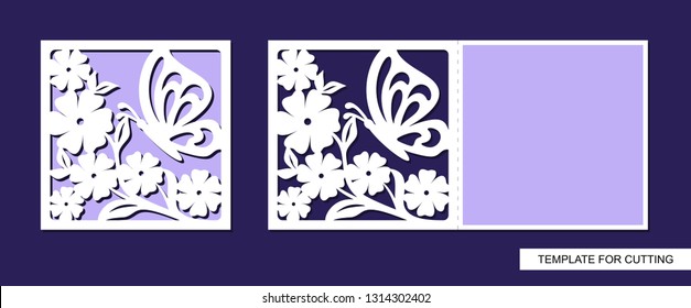 Silhouette of greeting card with flowers and butterfly. Template for laser cutting, die or paper cut. For wedding invitation, birthday, valentines day, Easter or Womens day. Floral ornament. Vector.