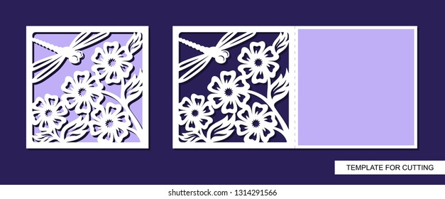 Silhouette of greeting card with flowers and dragonfly. Template for laser cutting, die or paper cut. For wedding invitation, birthday, valentines day, Easter or Womens day. Floral ornament. Vector.