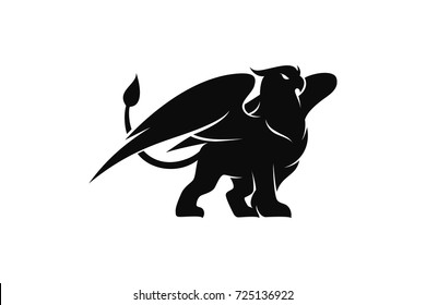 Silhouette Of Griffin. Mythology Creature With Eagle Head And Lion Body And Eagle Wings