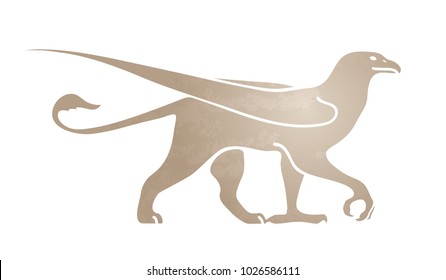Silhouette of griffin. Stylized image for logo or mascot. Vector illustration of mythical creature. Isolated on white background.