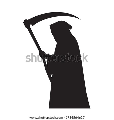 Silhouette of the grim reaper holding a large scythe against a plain white background.