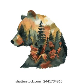 cabeza grizzly de la silueta con la escena del bosque dentro de la ilustración vectorial en estilo de acuarela