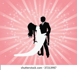 Silhouette of a groom and a bride dancing on a pink background with sparkles in shape of a heart.