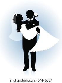 Silhouette of a groom holding a bride up in his hands on a blue background.