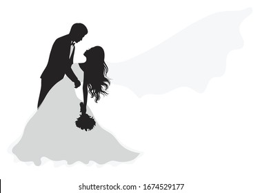 Silhouette of a groom holding his bride. The veil of the bride is flying. Isolated on white. 