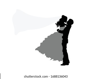 Silhouette of a groom holding his bride. The veil of the bride is flying. Isolated on white. 