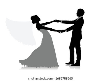 Silhouette of a groom holding his bride. The veil of the bride is flying. Isolated on white. 