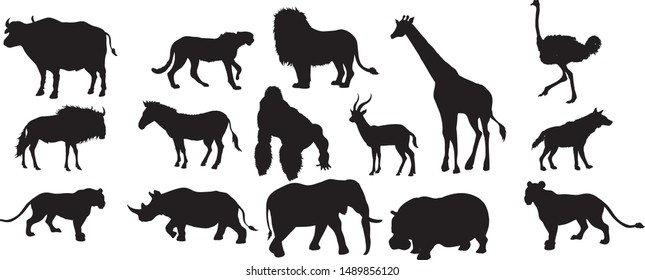 Silhouette Group Of African Animal Wild Life , Cheetah, Lion, Giraffe, Zebra, Gorilla, Antelope, Rhino, Elephant, Hippopotamus - Vector 