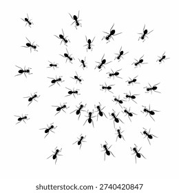 Silhouette of a group of ants surrounding something that looks like food on a white background. Vector illustration.